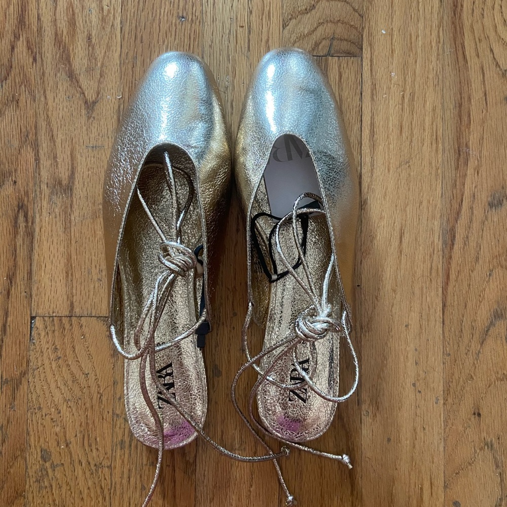 Zara gold metallic lace up slides